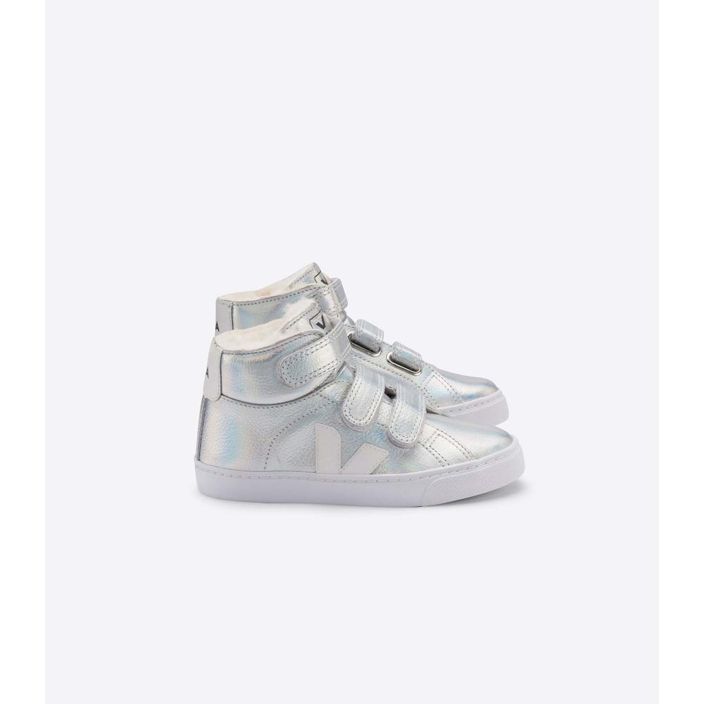 Silver/White Kids\' Veja ESPLAR MID FURED LEATHER High Tops | AU 693CTV